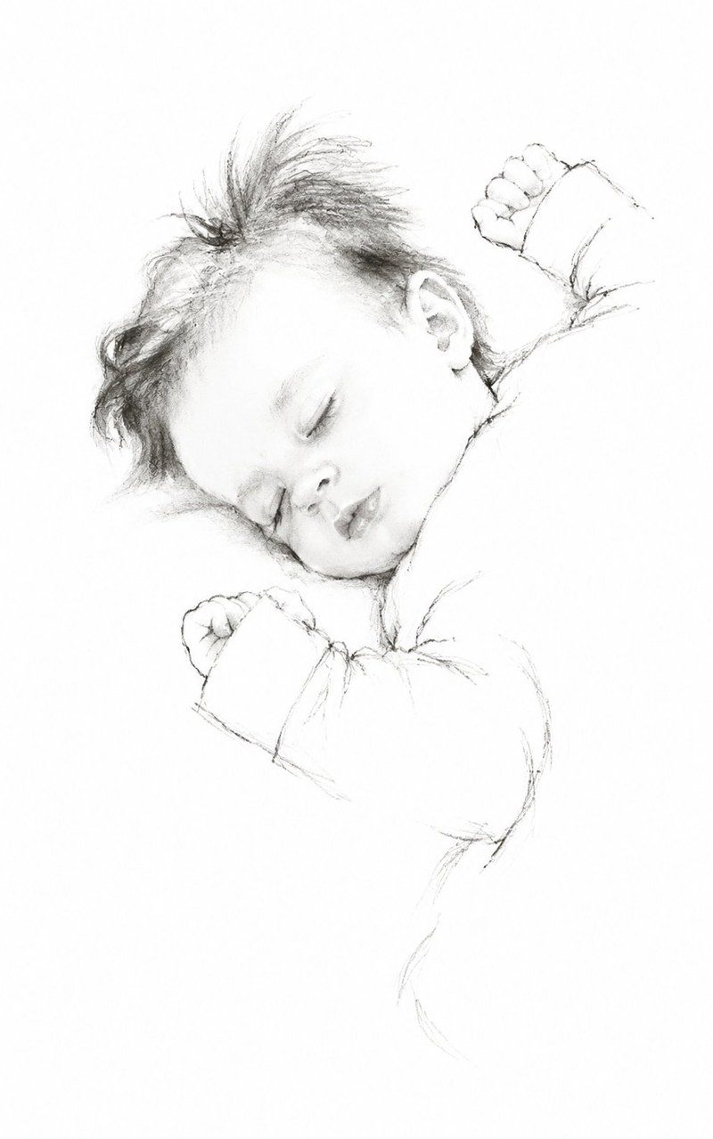 Month 2 — pencil illustration of sleeping baby, pure line work
