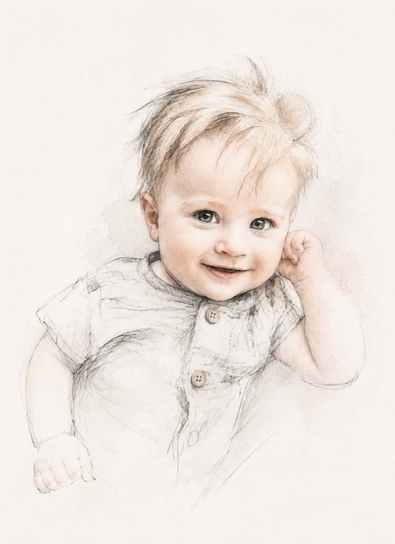 Month 5 — pencil and watercolor illustration, soft color emerging